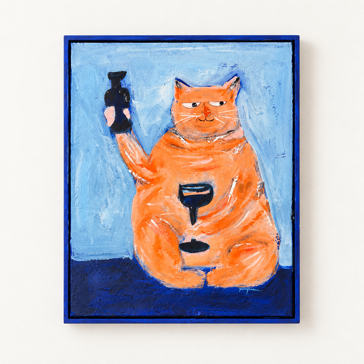 Orange cat holding a dark wine bottle and glass on pale blue ground, acrylic painting with deep blue frame.