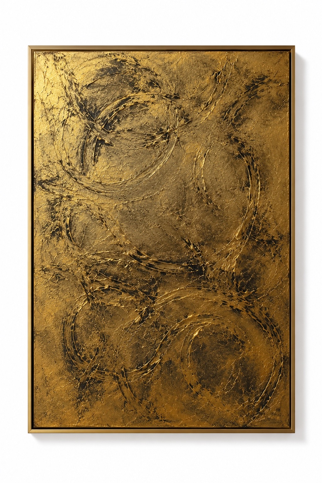 Large textured abstract painting in metallic gold and black with layered circular marks and a richly worked sculptural surface.